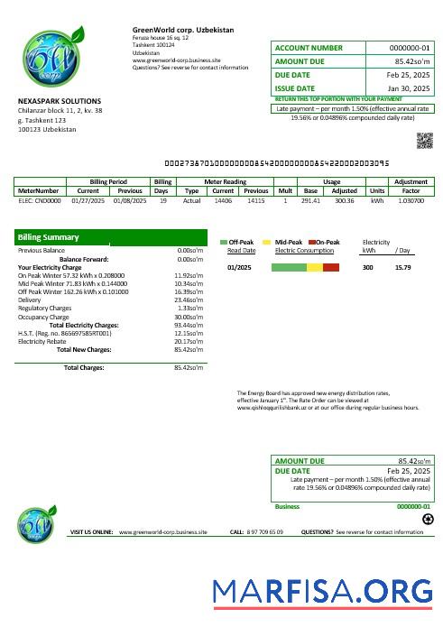 Printable Uzbekistan GreenWorld business utility bill template in Word and PDF format, fully editable